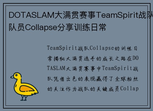 DOTASLAM大满贯赛事TeamSpirit战队队员Collapse分享训练日常